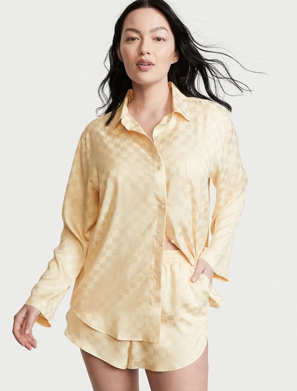 Victoria's Secret Faded Wheat Butter Yellow Check Satin PJ Top Old Money Preppy